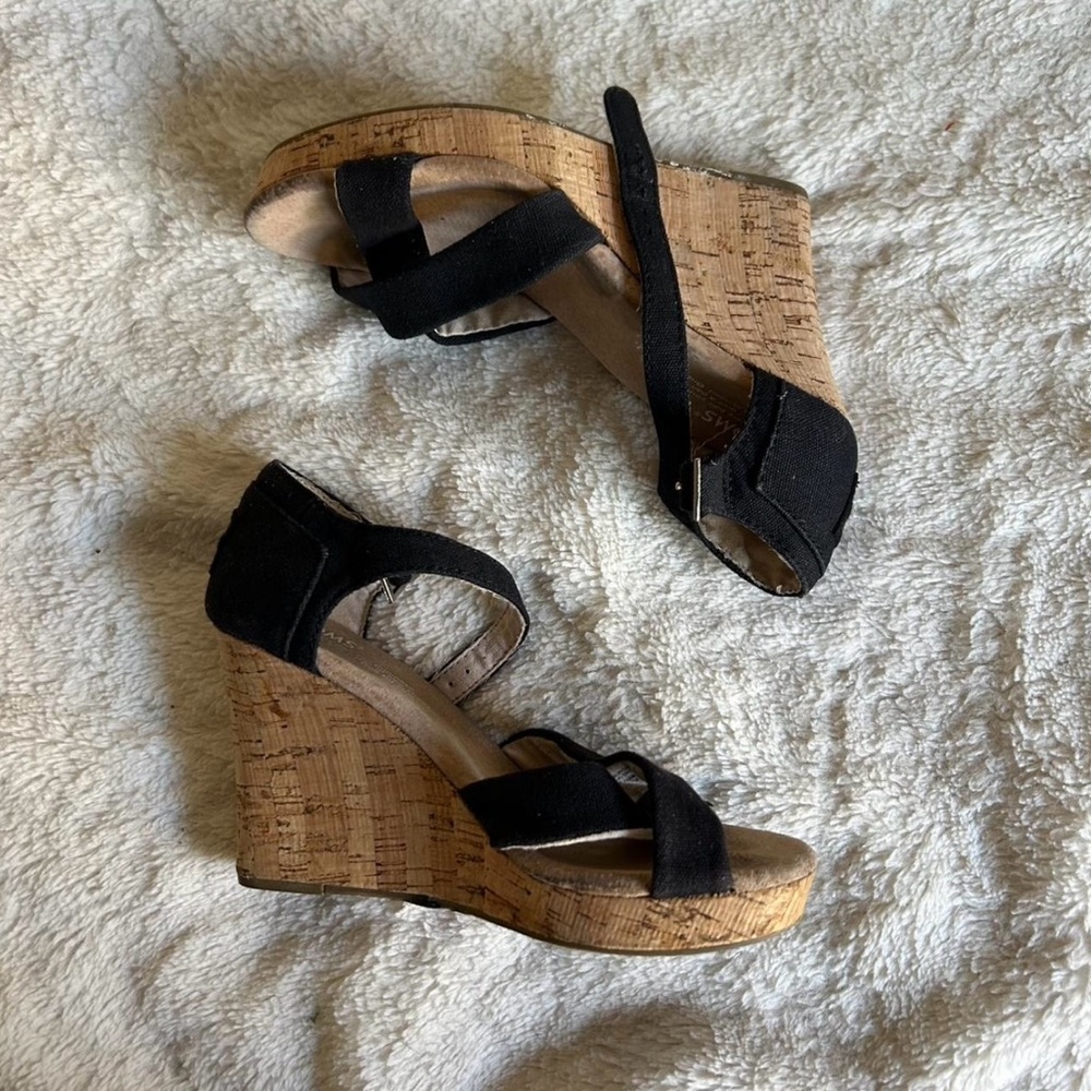 Toms Black Wedge Shoes with Cork Heel
